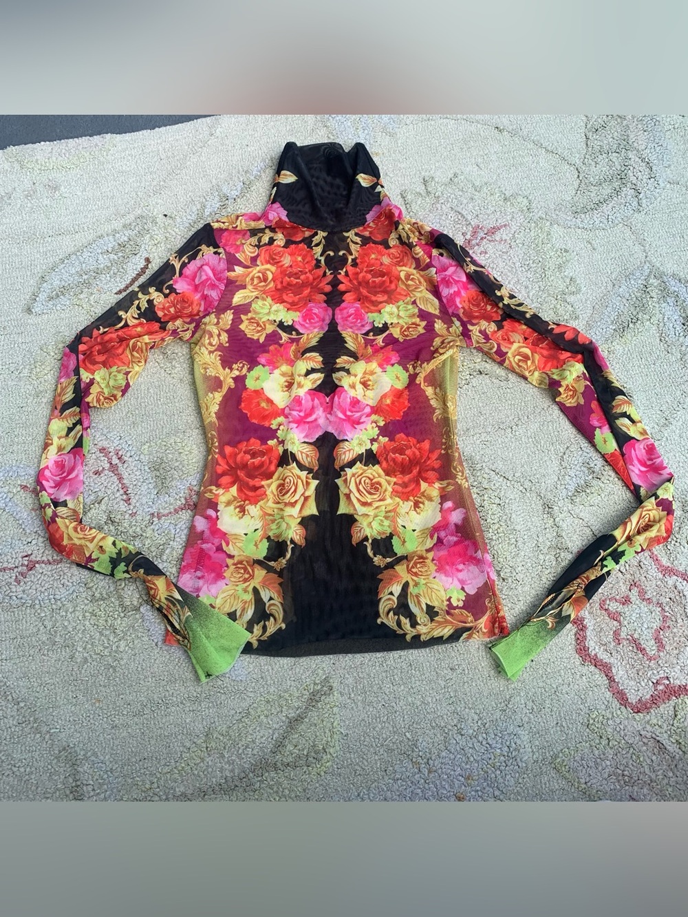 AFRM Zadie Sheer Power Mesh Floral Turtleneck Top Placement Noir Rose size S